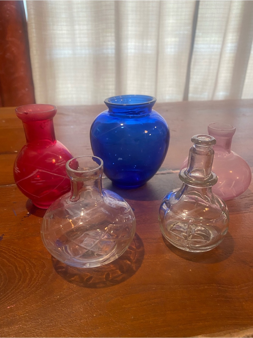 Assorted Colored Glass Bud Vases - Blue, Pink, Red, Clear
